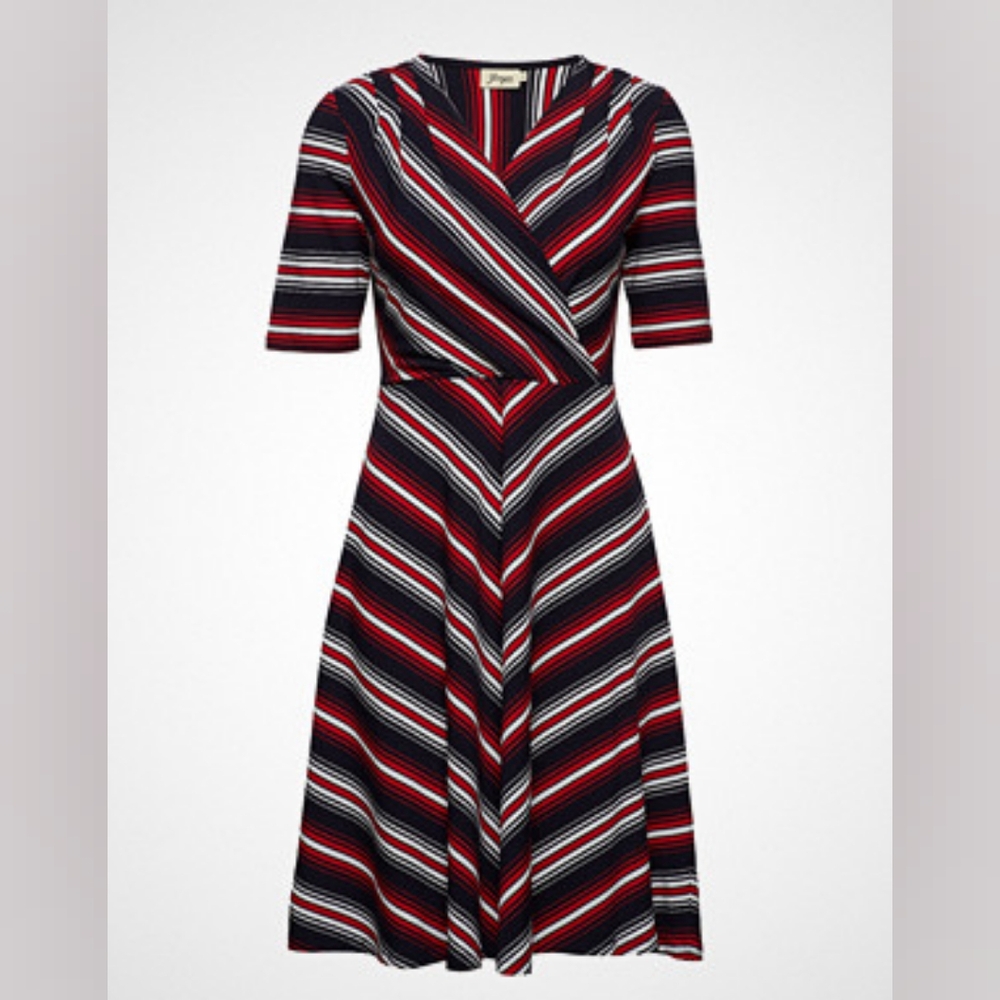 JUMPER FABRIKEN CELINE MULTI blue white red below knee elastic dress size M